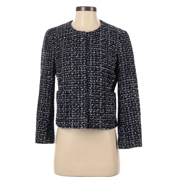 J Crew Tweed Lady Jacket Navy Blue Womens Sz 2 Sparkly White Navy - Picture 1 of 3